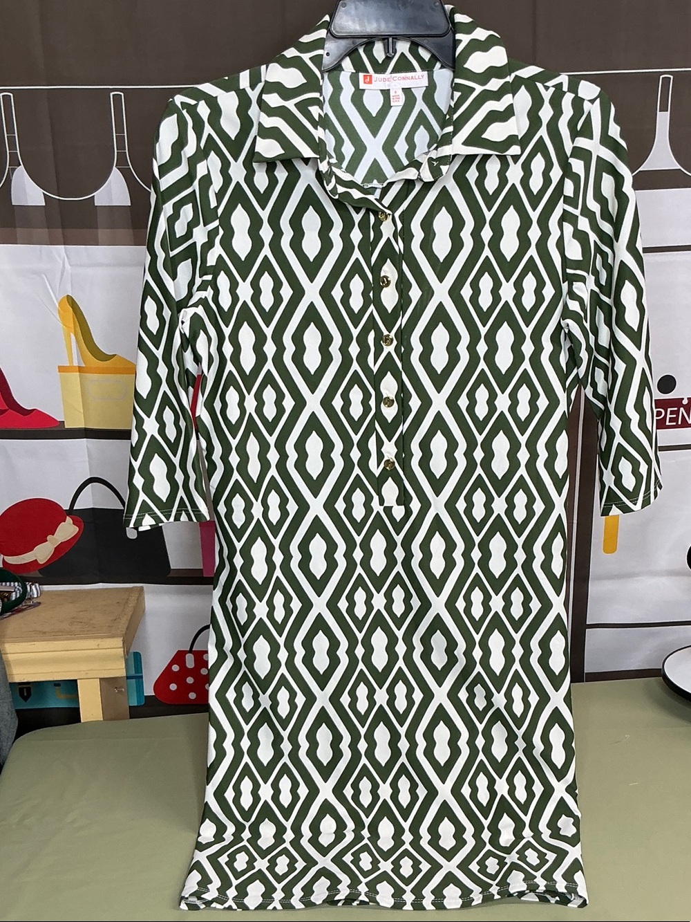 Jude Connally Olive Green and White Geometric dress sz small #2336
